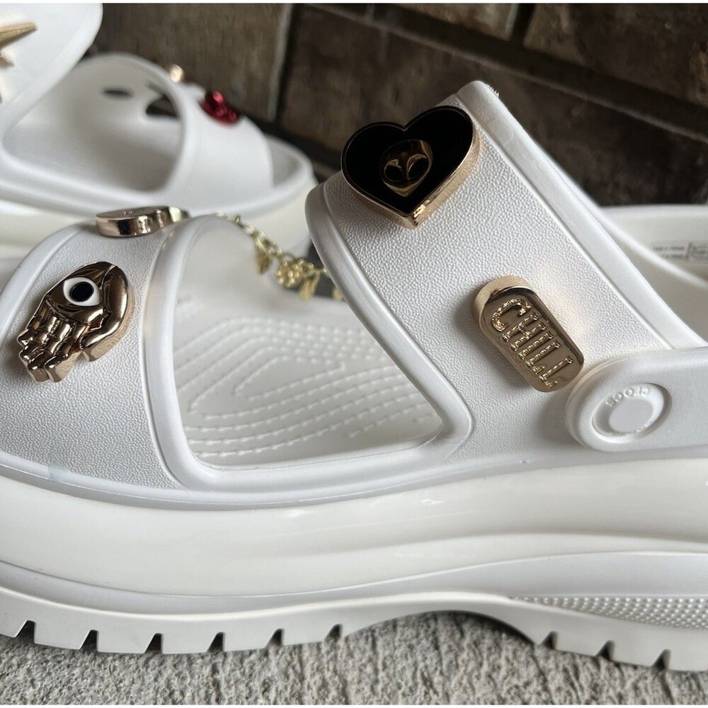 Crocs Mega Crush Women's 9 Men's 7 Platform Sandals - White w/ Jibbitz Charms - Picture 12 of 16